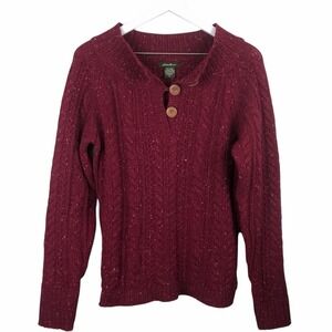 Eddie Bauer Burgundy Cable Knit Wool Blend Sweater Wooden Button Pullover